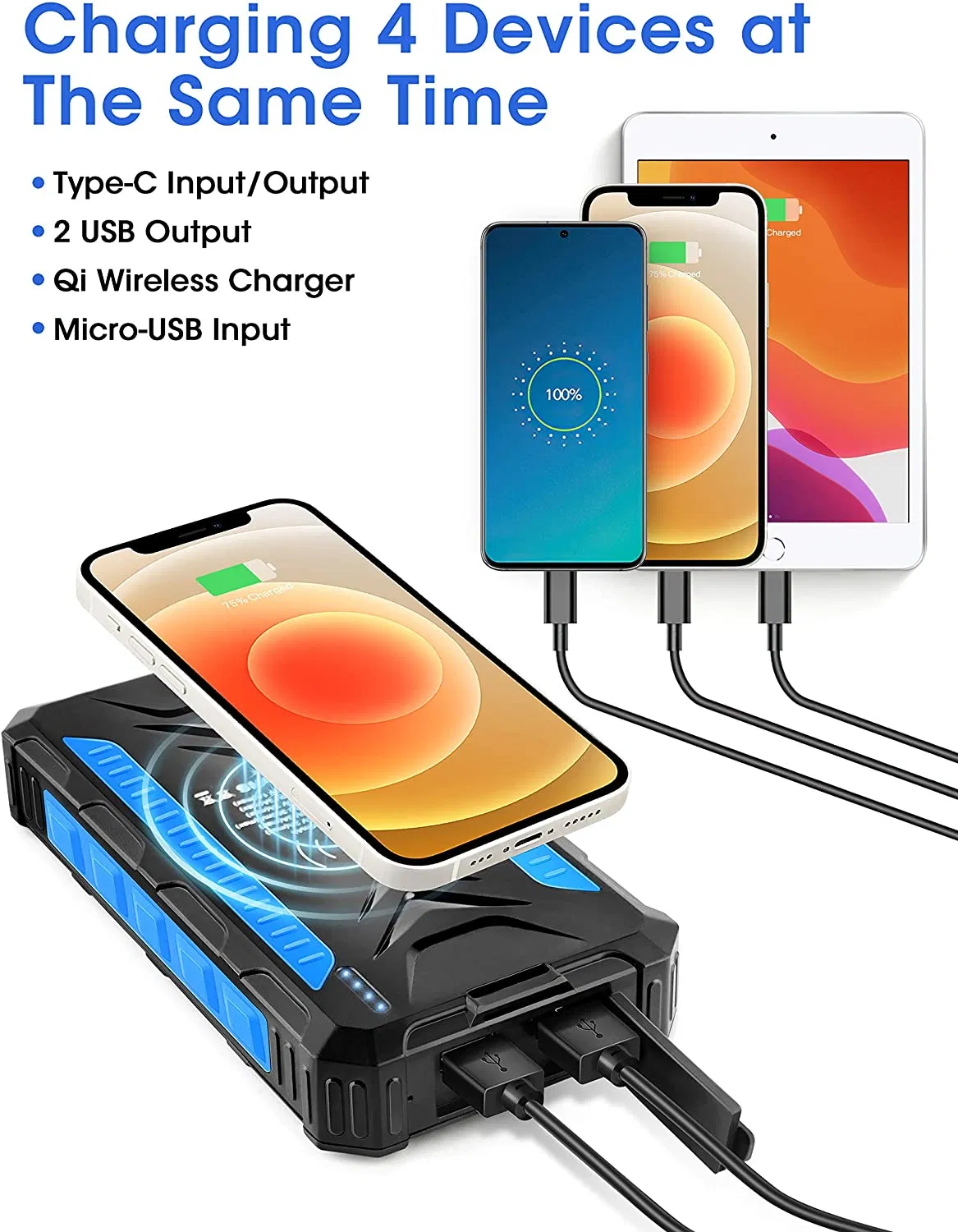 Портативное зарядное устройство 36000mAh с солнечной панелью и беспроводной зарядкой