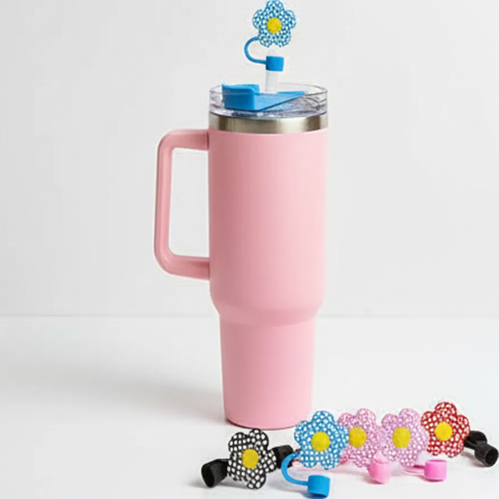 Set of 6 Black and White Checkered Small Flower Series Cute Straw Caps 10mm Stanley Straw Caps