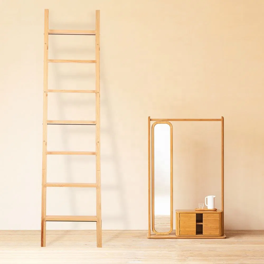 2200 mm Red Oak Ladder Factory Wholesale Price Solid Wooden Ladder with Handrail Design