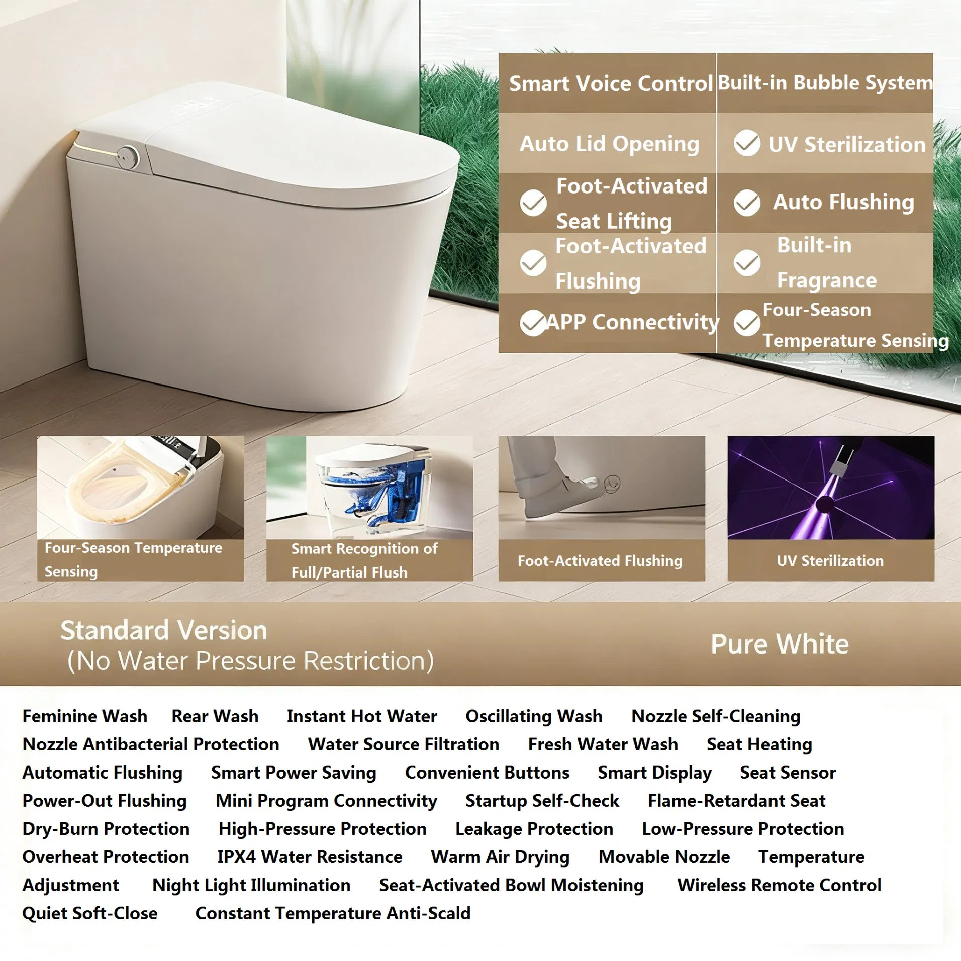 Automatic Smart Toilet with Integrated Sterilization, Self-Closing Lid, Instant Heating, Water Pressure-Free Design, and Built-in Foam Shield