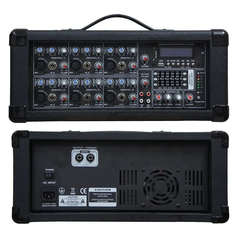 6 Channel 900W Bluetooth Powered with 2PCS 10 Inch Wooden Cabinet Speaker PRO DJ System+Microphone+Cable+Stand&Model