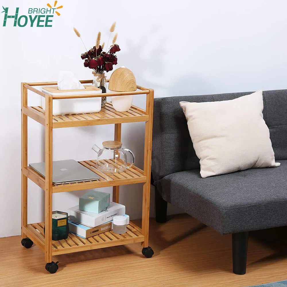 Bamboo 3 Tier Rolling Utility Service Cart Storage Shelf with Removable Hooks and Lockable Wheels