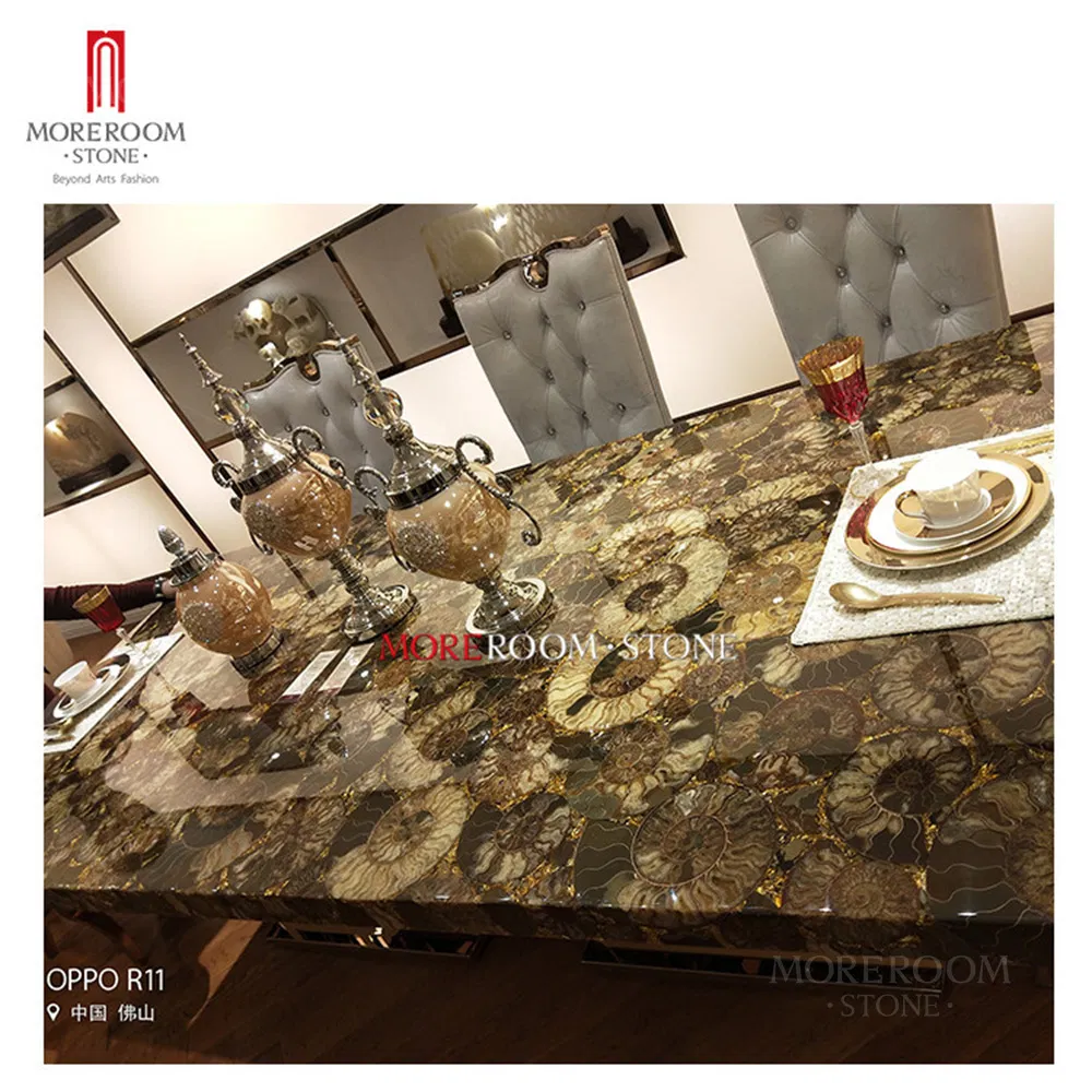 Luxury Villa Decor European Style Italian Custom Round Rectangle Brown Ammonite Sea Shell Fossil Nautilus Gemstone Dining Countertop