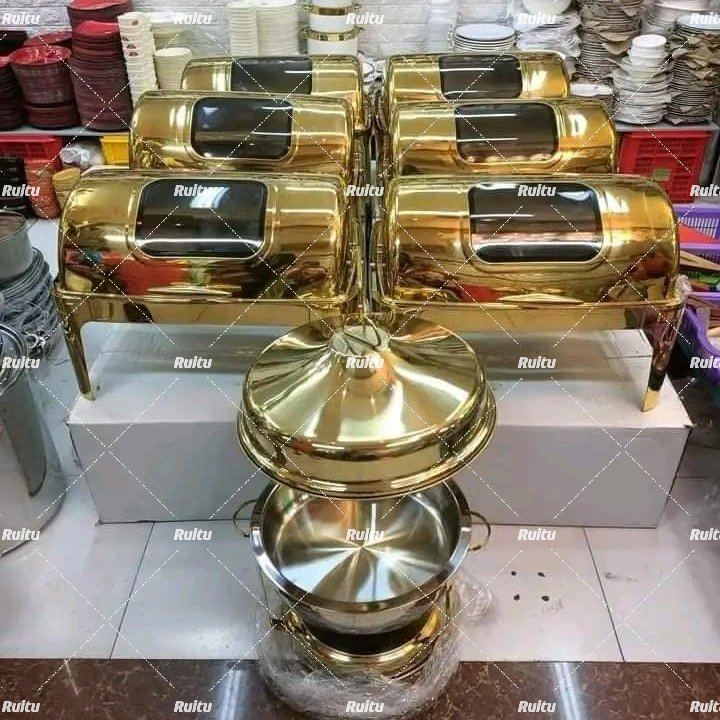 Buffet Catering Equipment Economy Roll Top Chaffin Dishes with Glass Window 9L Stainless Steel Chafing Dish Party Wedding Food Warmer Golden Chaffing Dishes
