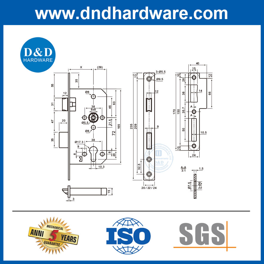 Stainless Steel High Security Single Action Emergency Escape Door Lock Mortise Lock