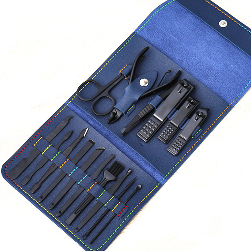 Nail Clipper Set 16 Piece Black Stainless Steel Nail Cutter with Leather Case