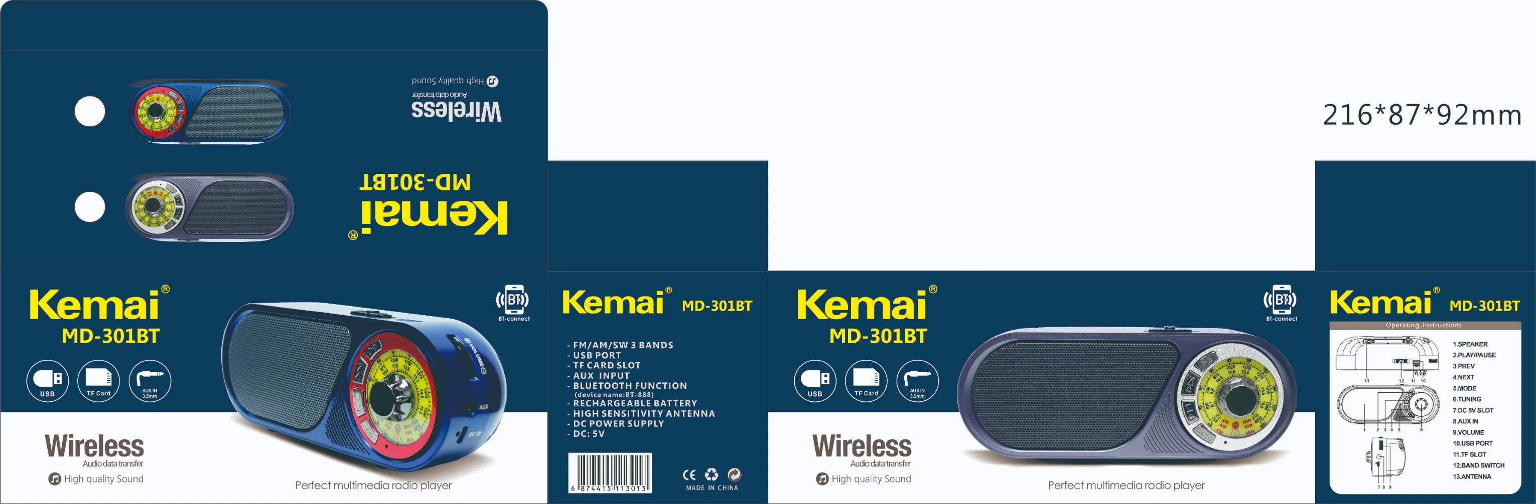 Meier M-301BT Portable 3-Band Am FM Sw Radio, High Volume, Wireless Connectivity, TF Card and MP3 Player, Rechargeable Speakers