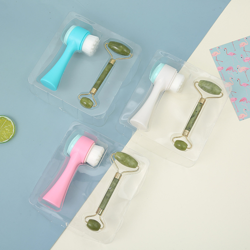 Private Label Face Massager Personnels Soins Du Visage Jade Roller Rose Quartz and Skin Scrubber Silicone Facial Cleansing Brush