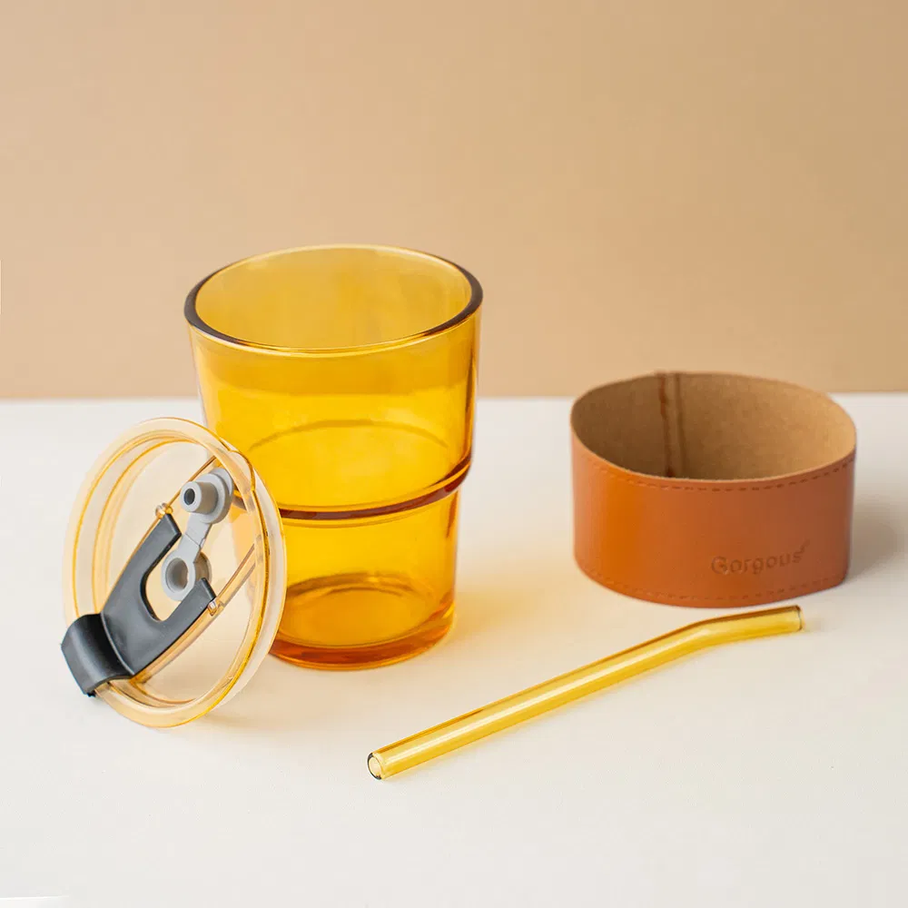 Modern Portable Juice Cup 350ml Transparent Empty Glass Cup Tumbler Manufacturingwith Lid and Straw