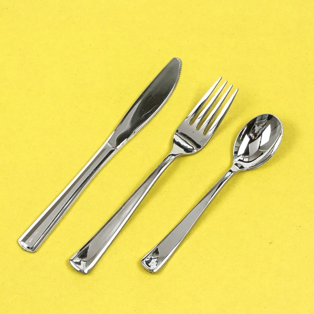 Custom Disposable Plastic Cutlery PS Plastic Luxury Cutlery Electroplated Aluminum Sliver Heavy Duty