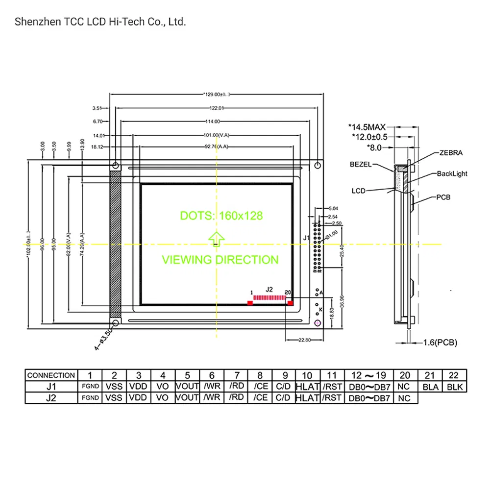 LCD-дисплей 160x128 T6963c, FSTN/STN, 3V/5V
