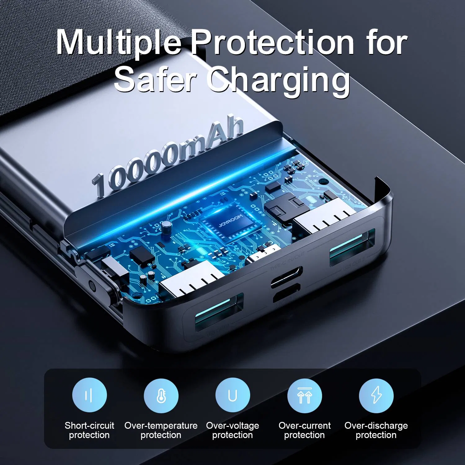 Joyroom Jr-Qp191 10000mAh 22.5W LED Display Battery Status Monitoring Power Bank 3-Output External Battery Pack - Black