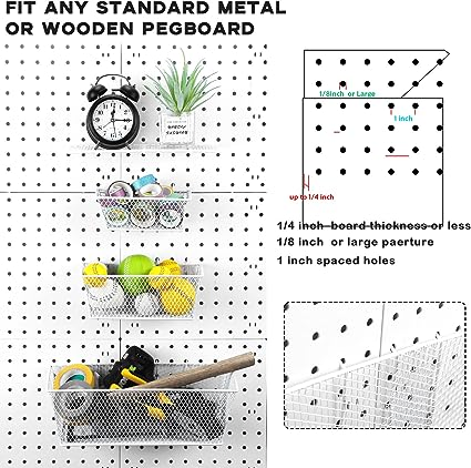 White Mesh Baskets and Mesh Racks for Pegboard 6 PCS Per Pack