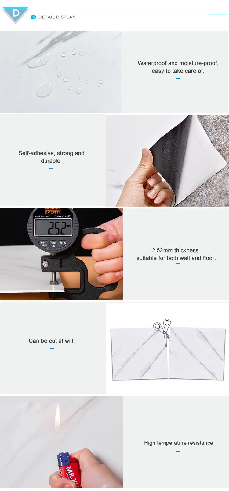 Waterproof Self-Adhesive Marble Pattern Tile Stickers for Living Room, Kitchen, Bedroom, Bathroom