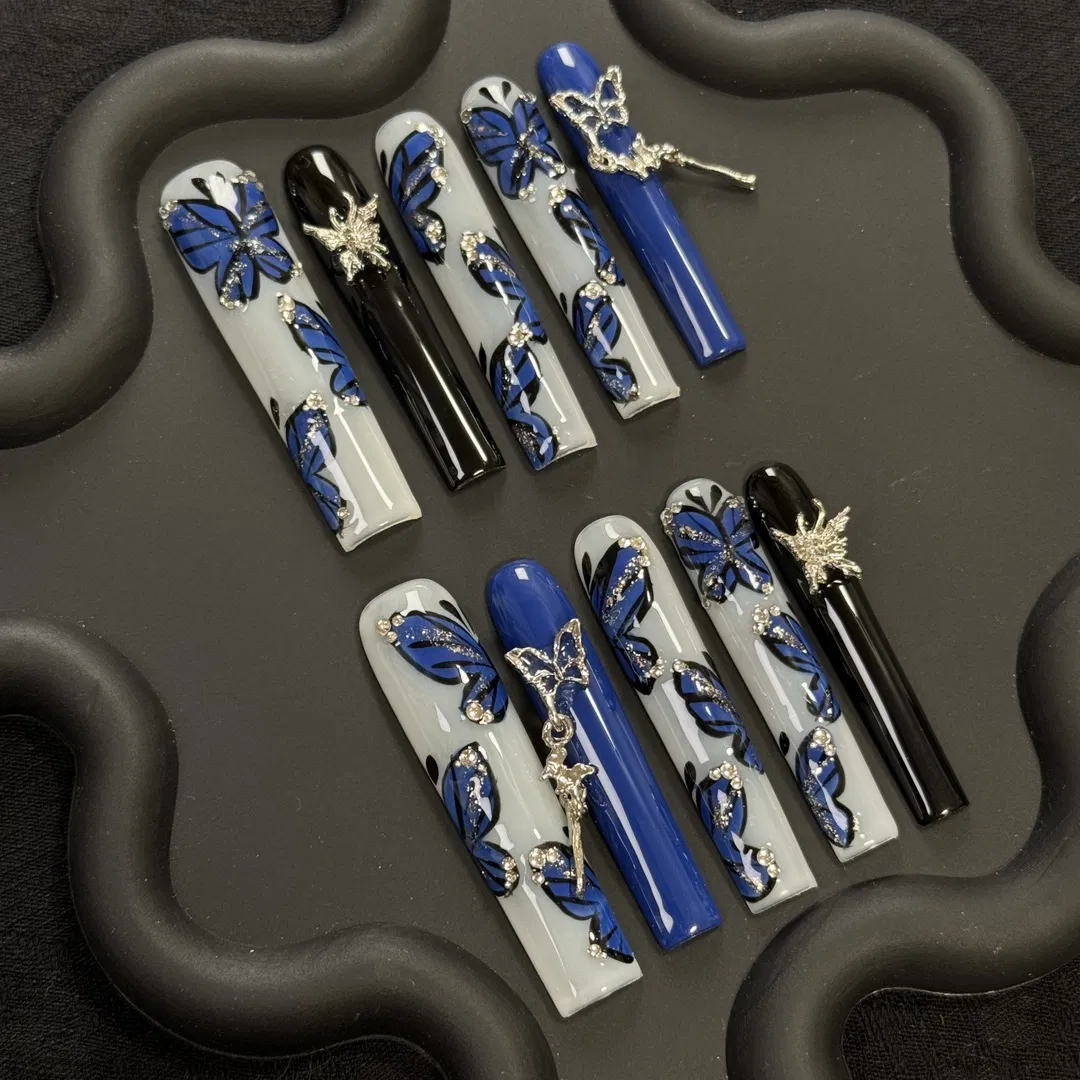 Blue Butterfly Fake Nail Long Coffin False Nail French Tip Press on Nails Acrylic Nails Press on Nails