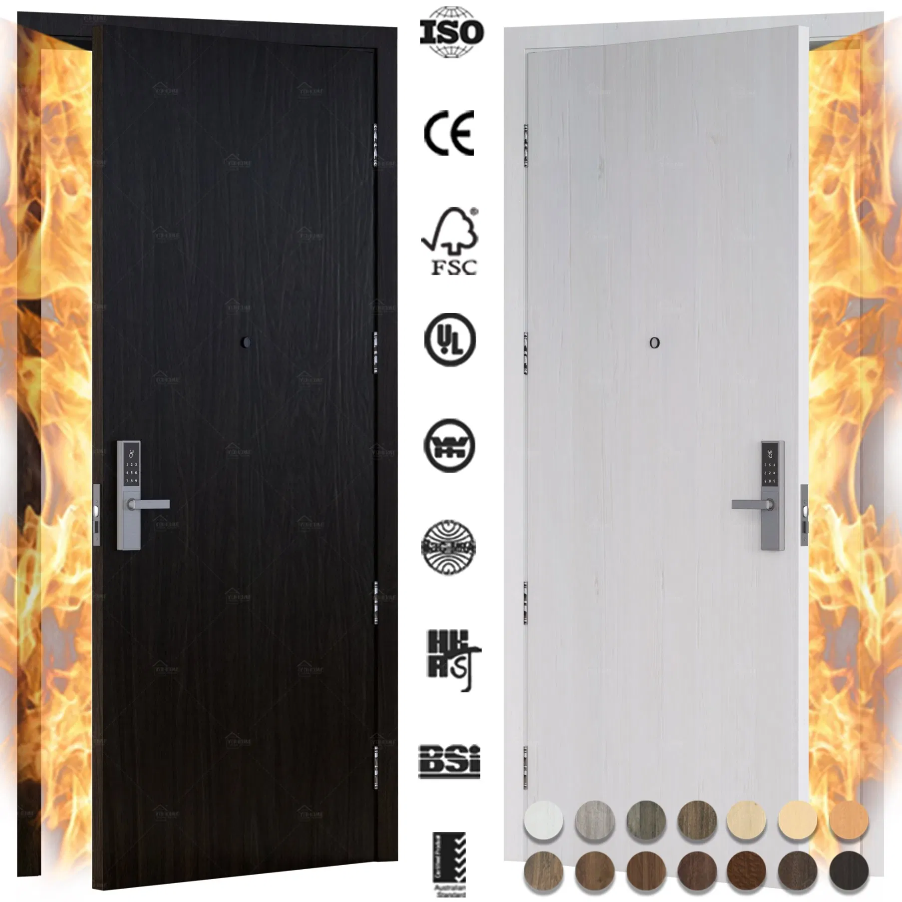 En16034 CE Certified 30 60 90 Minutes HPL Fire Resistance Wood Laminate Door Timber Composite Fire Door for Hotel Guest Room