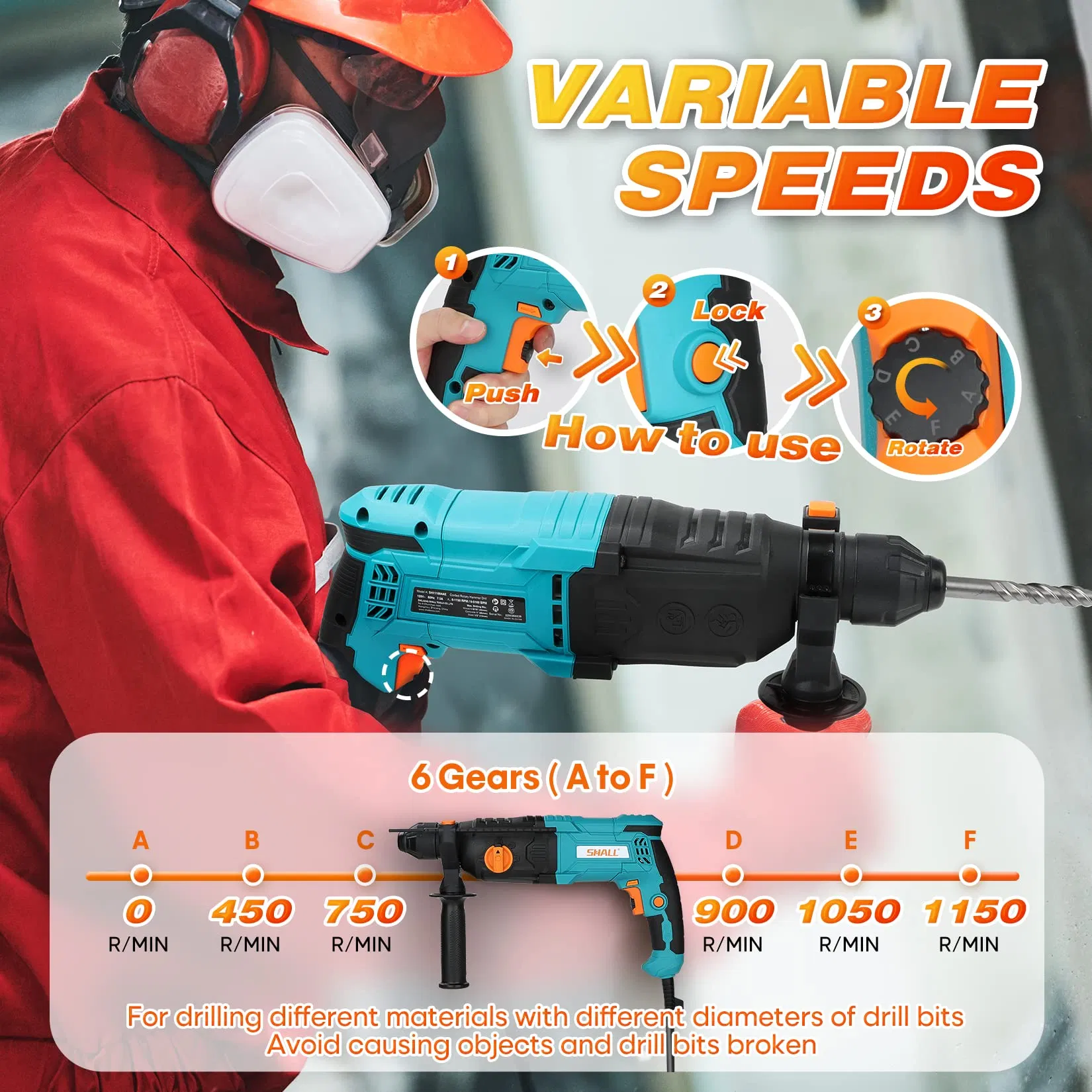 1 Inch SDS Plus Heavy Duty Rotary Hammer Drill, 7.5 AMP Demolition Hammer, One Knob 4 Functions with Speed Adjustment