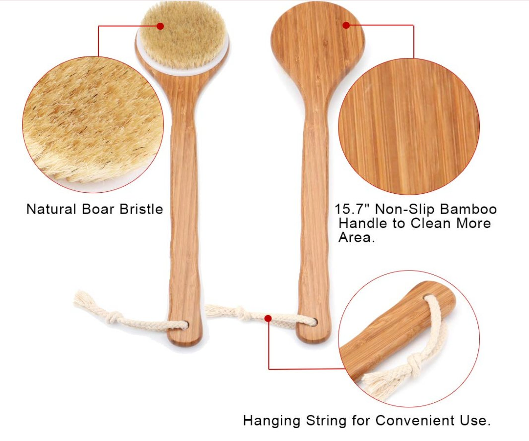 Shower Brush with Natural Bristle Long Bamboo Handle Bath Body Brush