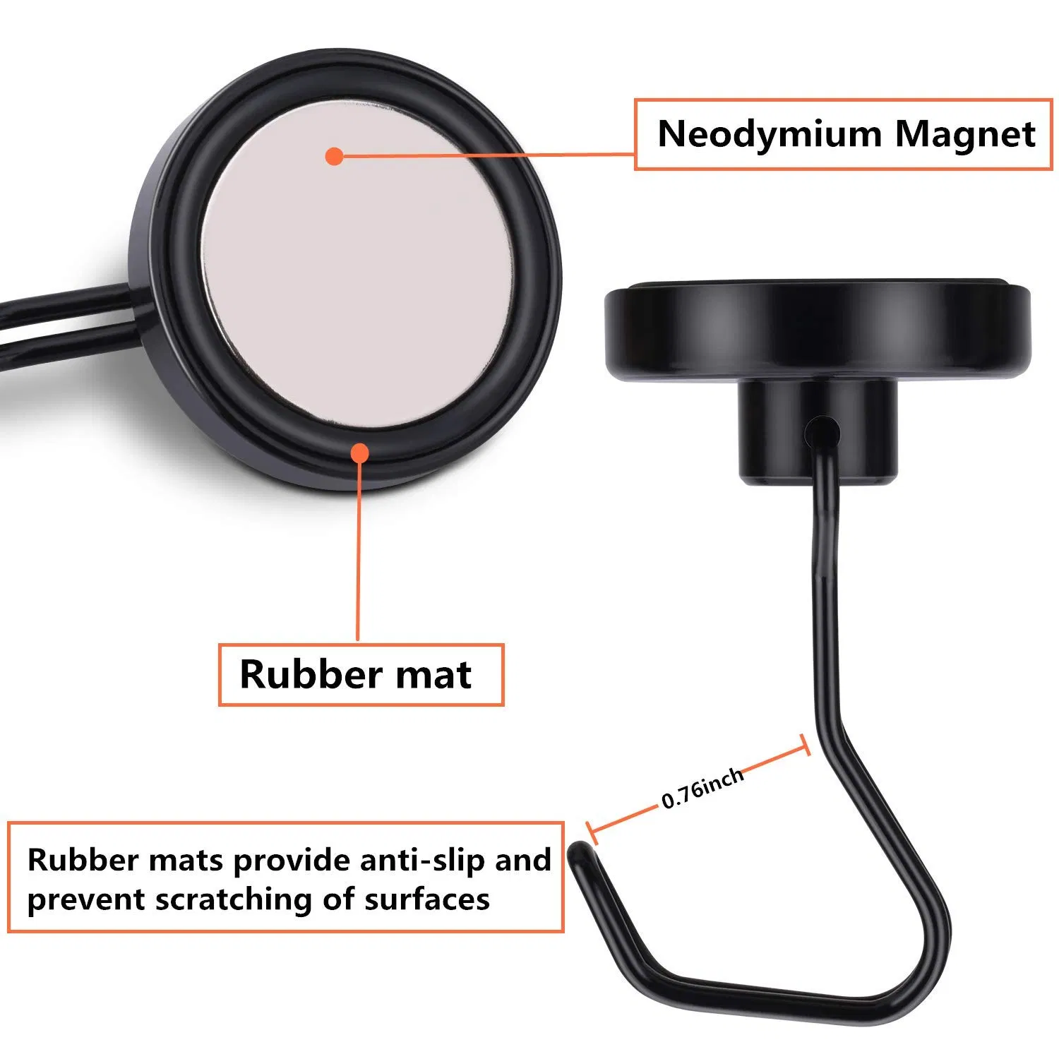 Heavy Duty Neodymium Rare Earth Magnetic Hooks with Rubber Scratch-Resistant Base for Indoor/Outdoor Hanging