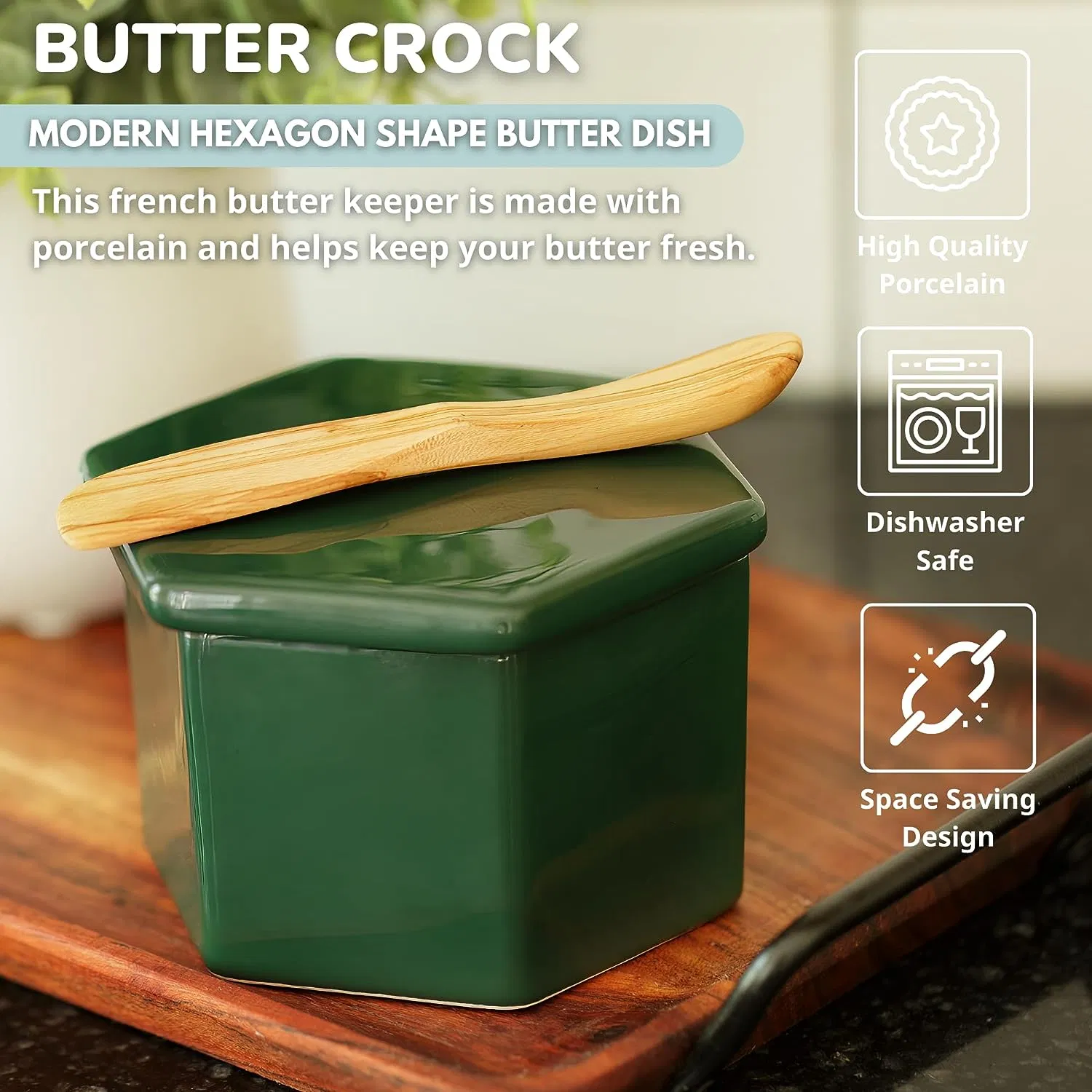 French Butter Crock & Wood Spreading Knife French Butter Keeper for Counter