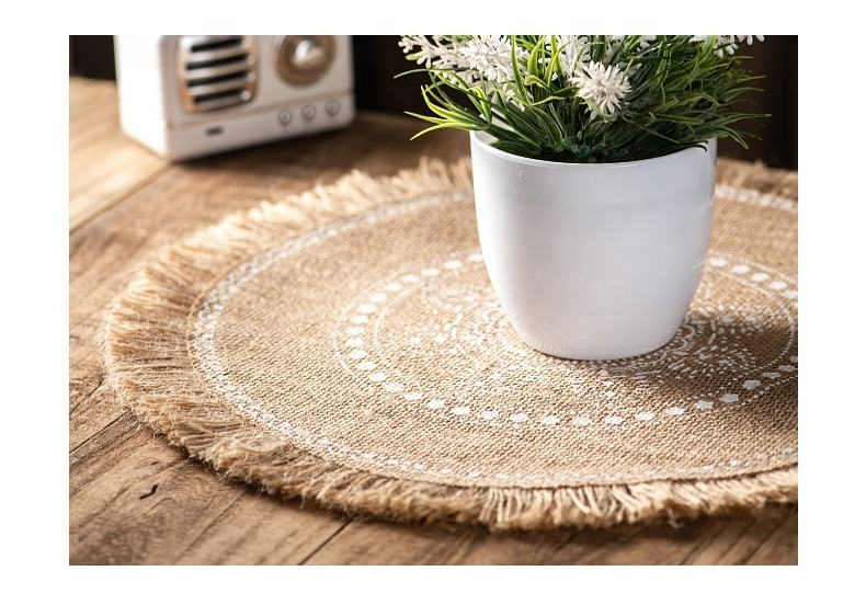 Bohemian Natural Burlap Placemat 15"Fringed Edge Round Jute Placemats for Dining Table Decorative