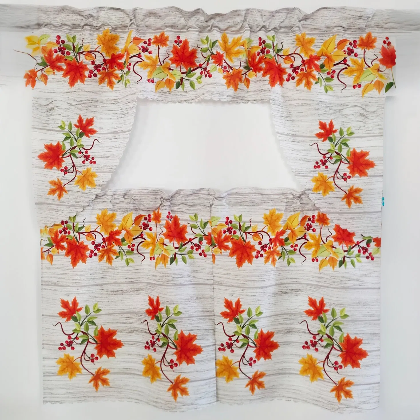 Autumn Maple Leaf and Berries Printing Kitchen Curtain for Beautiful Fall Scenery