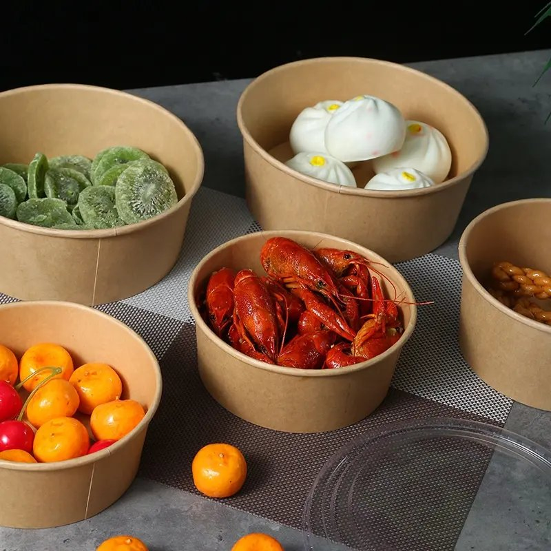 Wholesale Disposable Kraft Bowl for Food Packaging Brown Kraft Paper Bowl with Lid