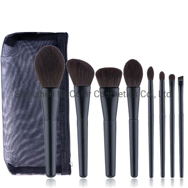 8PCS in One Private Logo Cosmetic Brush Set Black Wood Handle Makeup Brushes with Makeup Pouch