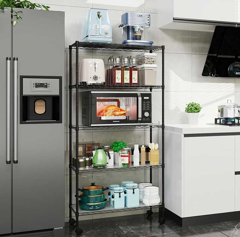 Wholesale 5-Tier Adjustable Wire Shelves Tall Storage Organizer Lacquer Kitchen Microwave Oven Pot Rack with Wheels