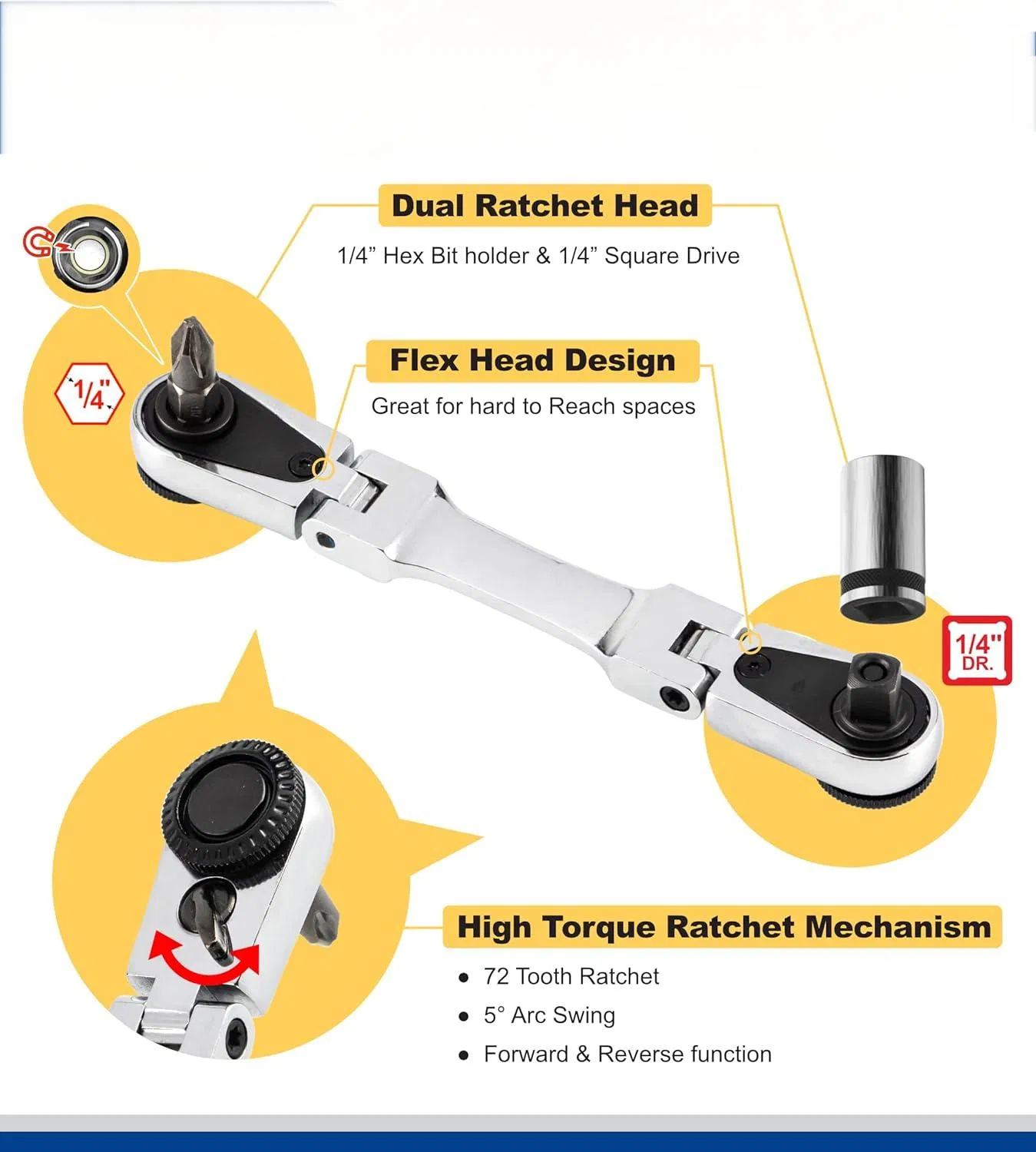 Flexible Dual Ratchet with 1/4" Square Drive & Magnetic Bit Drive