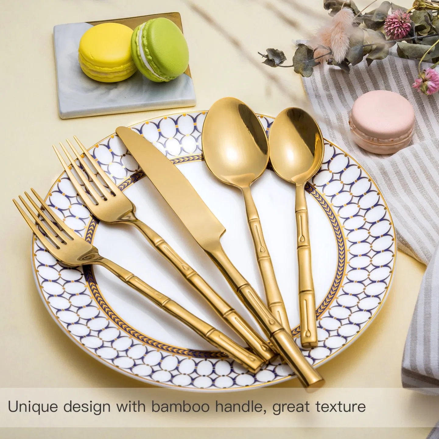 Wholesale Stainless Steel Forged Bamboo Gold Cutlery Set for Wedding