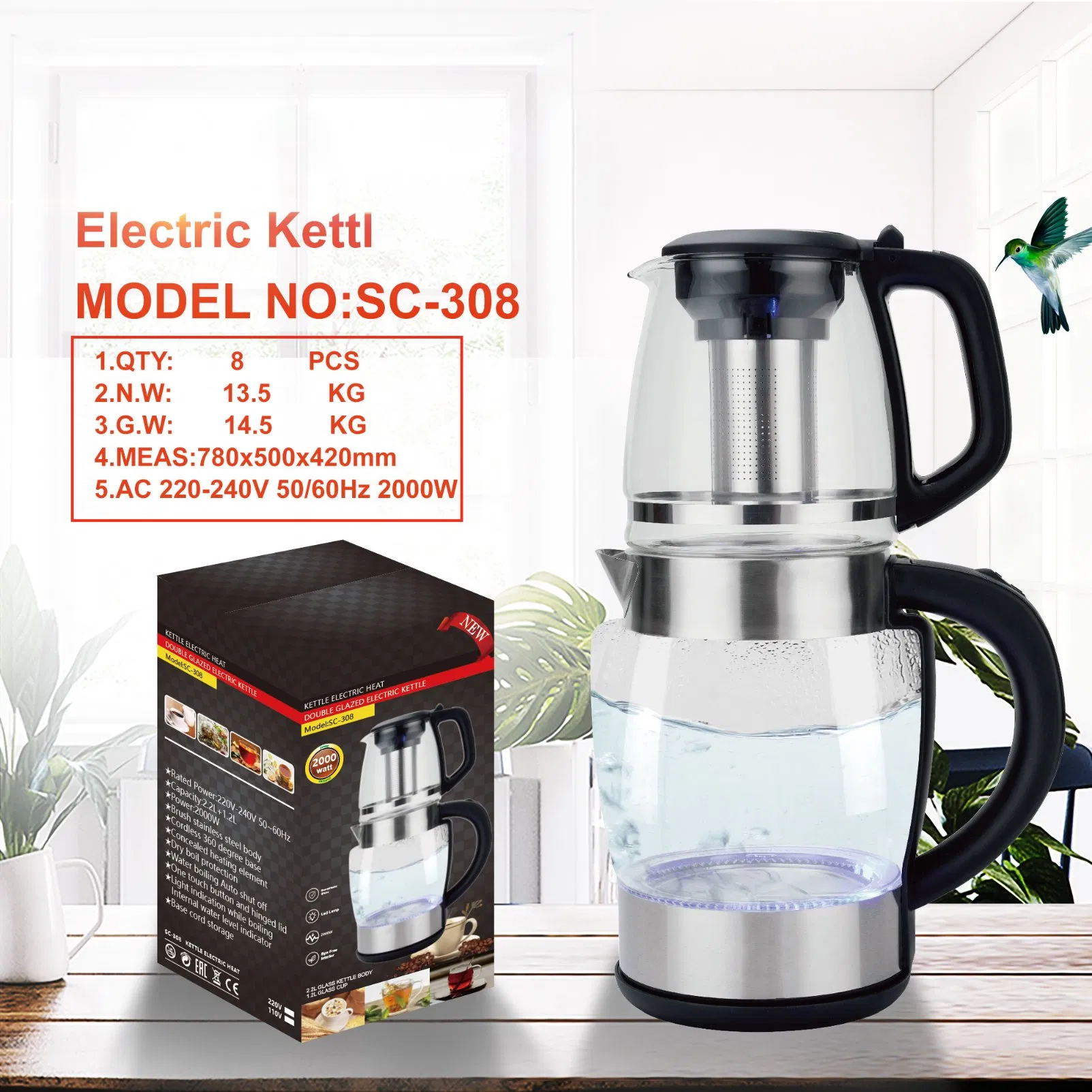 Sc-308 1.8L Glass Body Kitchen Appliance Water Kettle Boiler Tea Maker Temperature Control Keep Warm Feature for Household Use