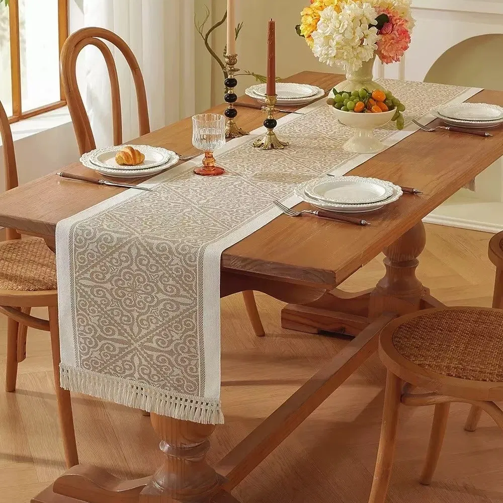 Available Designs Jacquard Polyester Coffee Table Runner with Tassels MOQ 10PCS