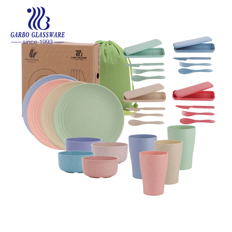 Wholesale Eco Friendly Wheat Straw 16PCS Dinner Set Chopstick Fork Spoon Bowl Plate Dinnerware