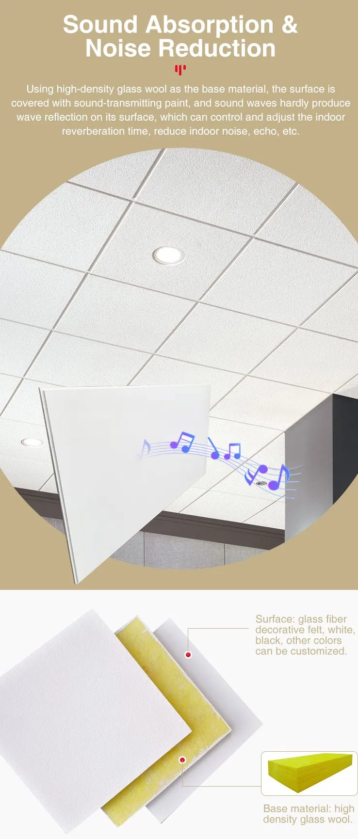 Customization Size Ceiling by Design Factory Wholesale Fiberglass Acoustic Ceiling Tile