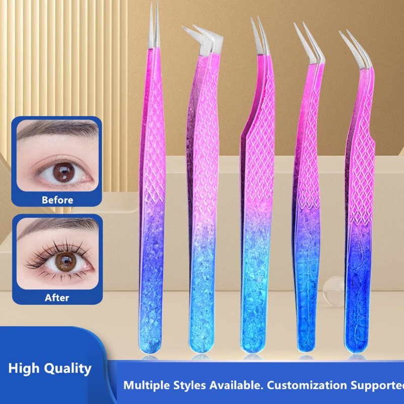 High Precision Tip Embossed Grip Metal Ergonomic Dolphin L-Shaped Lash Extension Tweezers