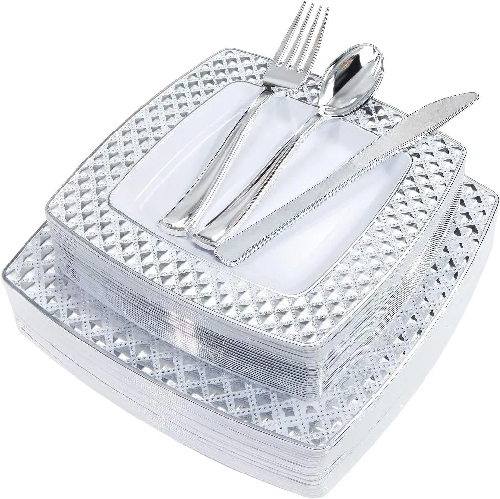 Elegant Silver Plastic Square Plates with Diamond Design