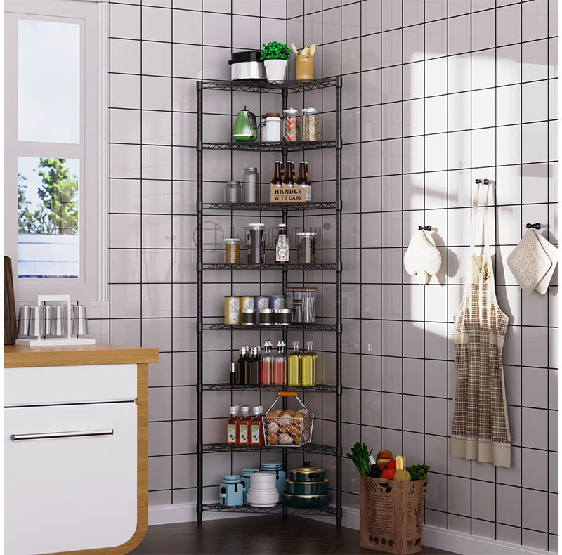 Vertical Triangle 8 Tiers Space Saving Storage Black Metal Corner Wire Rack