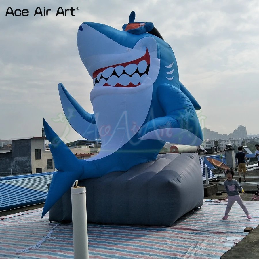 5m Giant Inflatable Shark Animal Sitting The Stone Inflatable Cartoon Animal for Advertising or Decoration