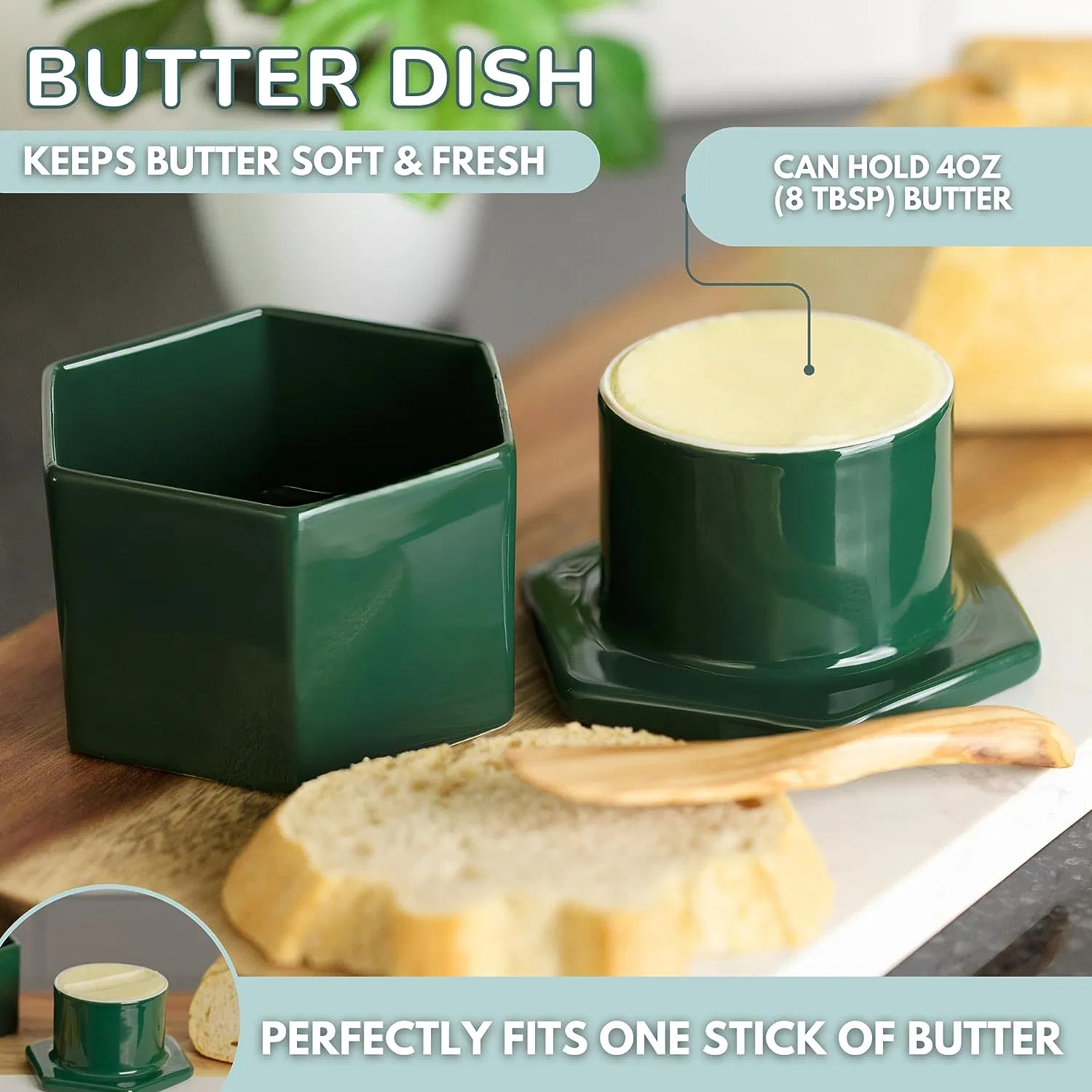 French Butter Crock & Wood Spreading Knife French Butter Keeper for Counter