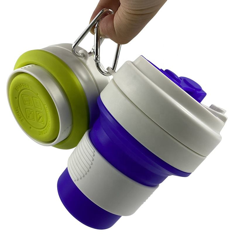 BPA Free Silicone Foldable Travel Coffee Mug 350ml 12oz Silicon Reusable Collapsible Cup with Lid and Carabiner