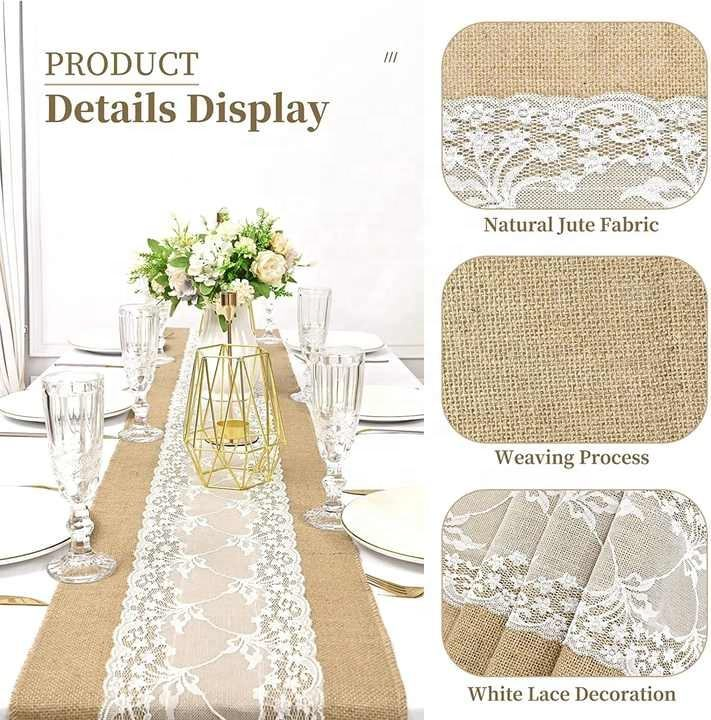 12inch Lace and Burlap Table Runner Natural Hessain Jute Table Runner for Wedding Party Decor