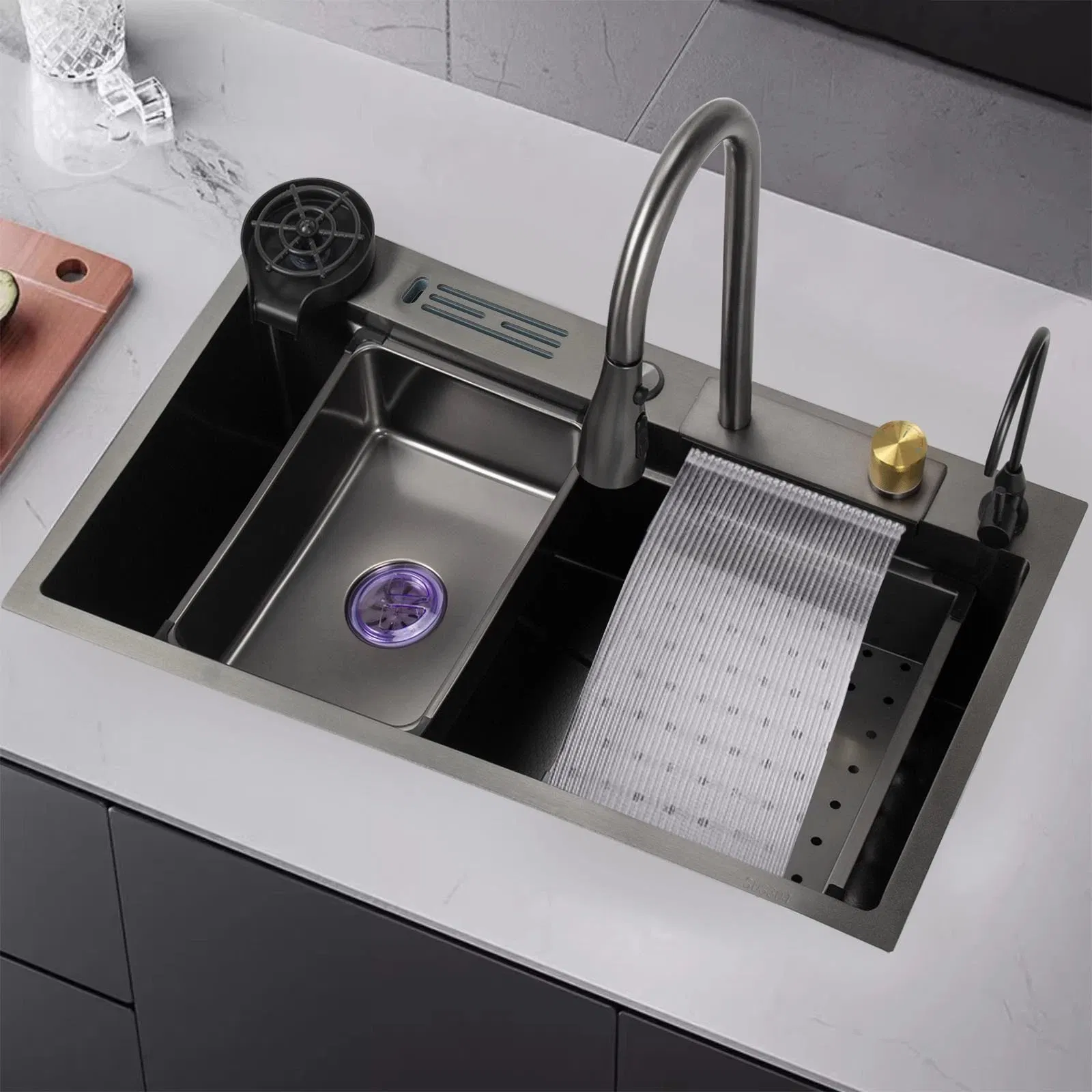 Wholesale Rainwater Waterfall Multifunctional Single Bowl Handmade Stainless Steel Kitchen Sink