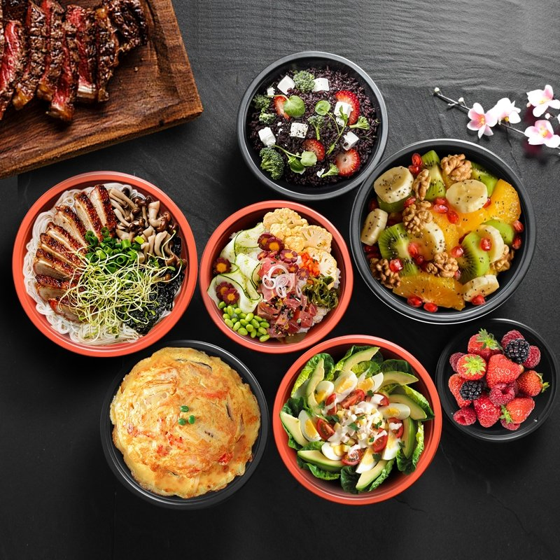 Wholesale Black Red Disposable Plastic PP Japanese Bowl with Lid