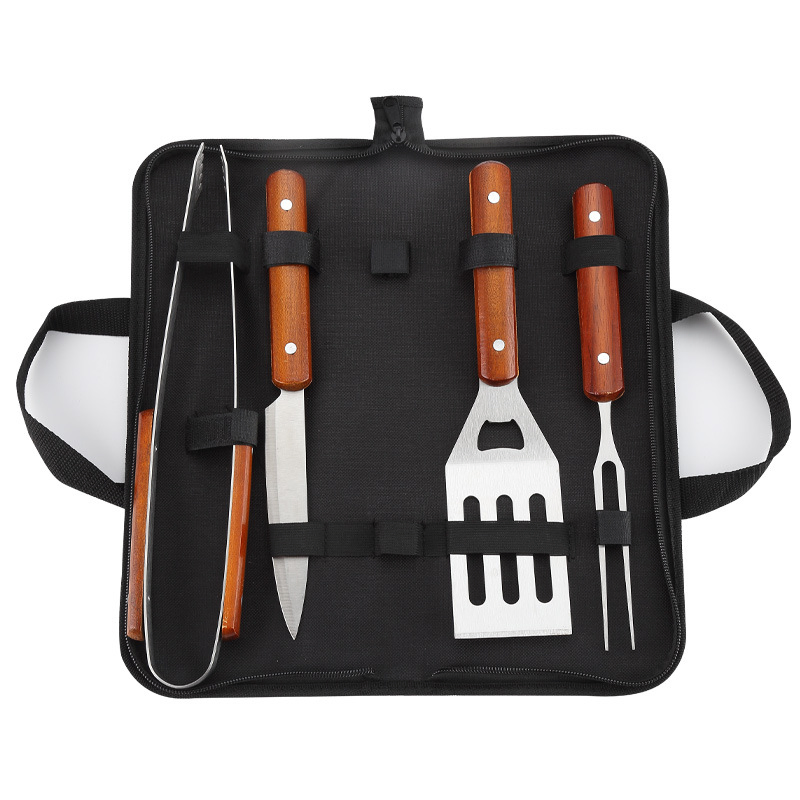 4PCS Wooden Handle BBQ Tools Set Stainless Steel Grilling Accessories