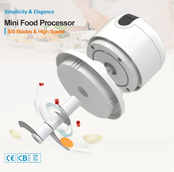 Baffle Design PS Cup Sticker Button 30W 1200mAh 1700rpm 350ml Electric Food Chopper with Offcenter Finger Groove Top