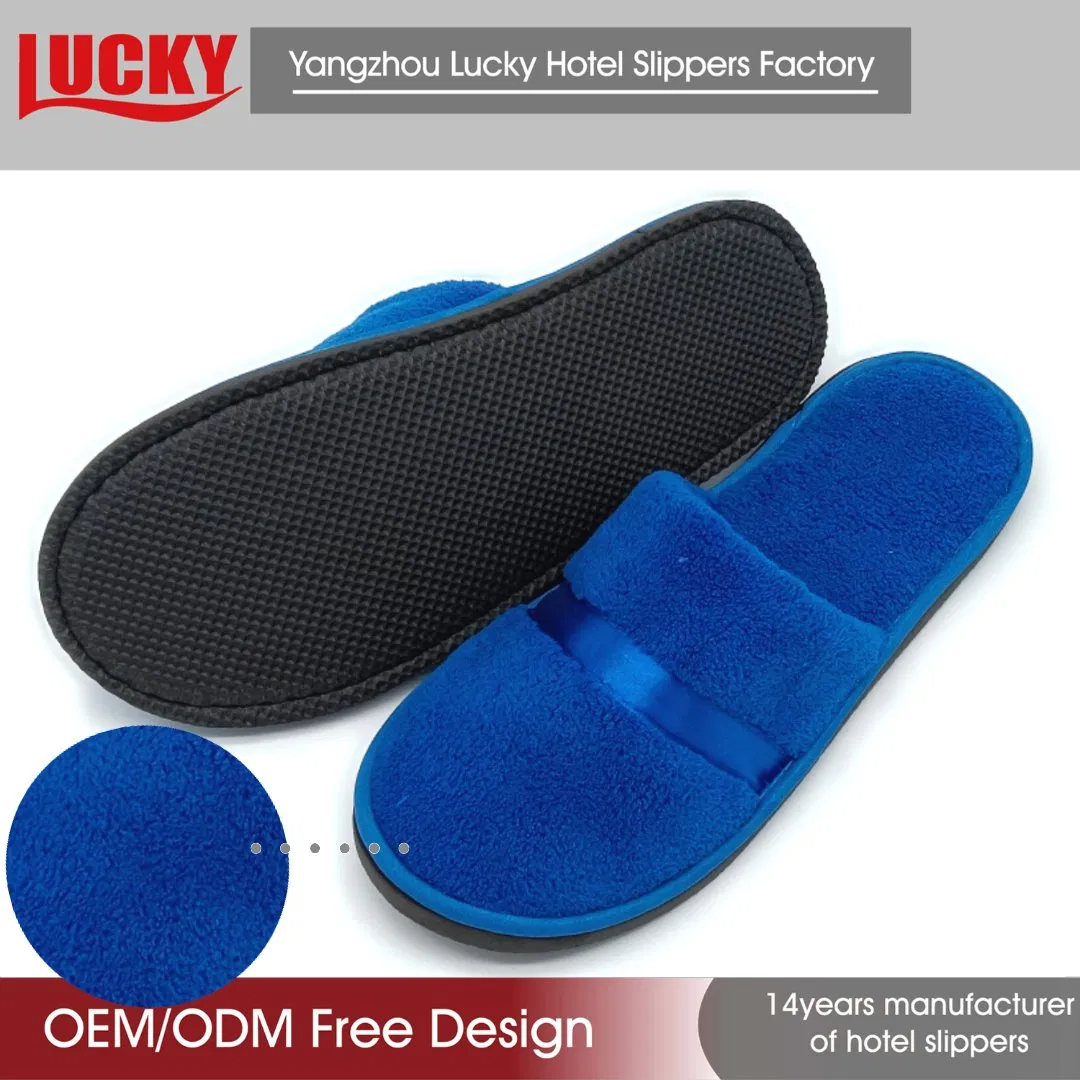 China Factory Coral Fleece Velvet Fabric High Quality Hotel Indoor Disposable Slippers Custom Logo Blue Cheap Slipper