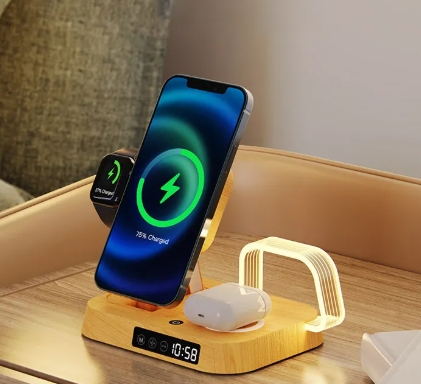 Foldable 3 in 1 Magnetic Wireless Charger Digital LED Light Desktop Alarm Clock Fast Wireless Charging Smartphone Watch Earbuds