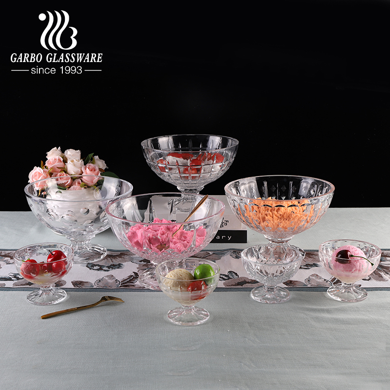 Transparent Engraved Glass Ice Cream Cups and Fruit Salad Bowl Glassware Set