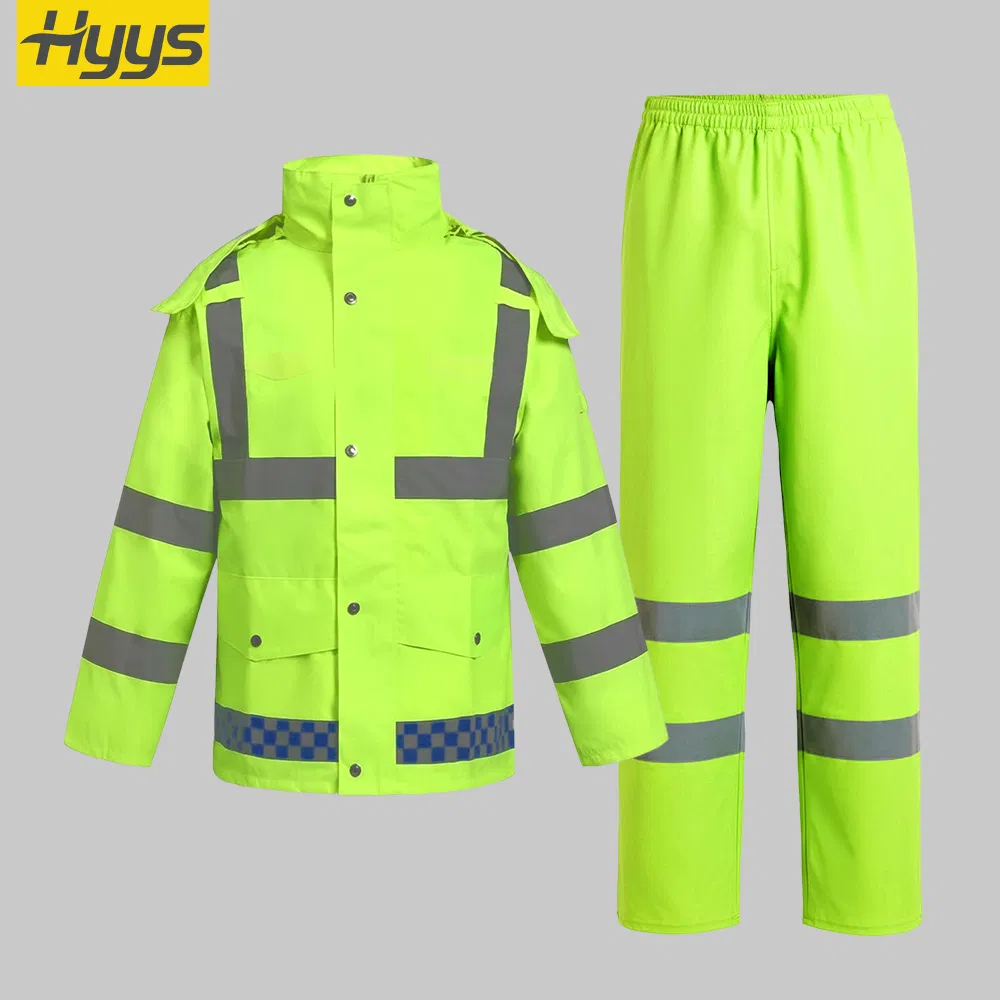 Hi Vis Rain Poncho with Reflective Strips Oxford Fabric PU 2 Piece Waterproof Raincoat Overalls Factory Custom Rainwear